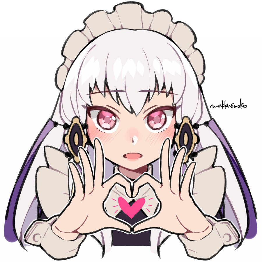 1girl artist_name do_m_kaeru fire_emblem fire_emblem:_three_houses hair_ornament heart heart_hands long_hair lysithea_von_ordelia maid maid_headdress open_mouth pink_eyes simple_background solo upper_body white_background white_hair wrist_cuffs