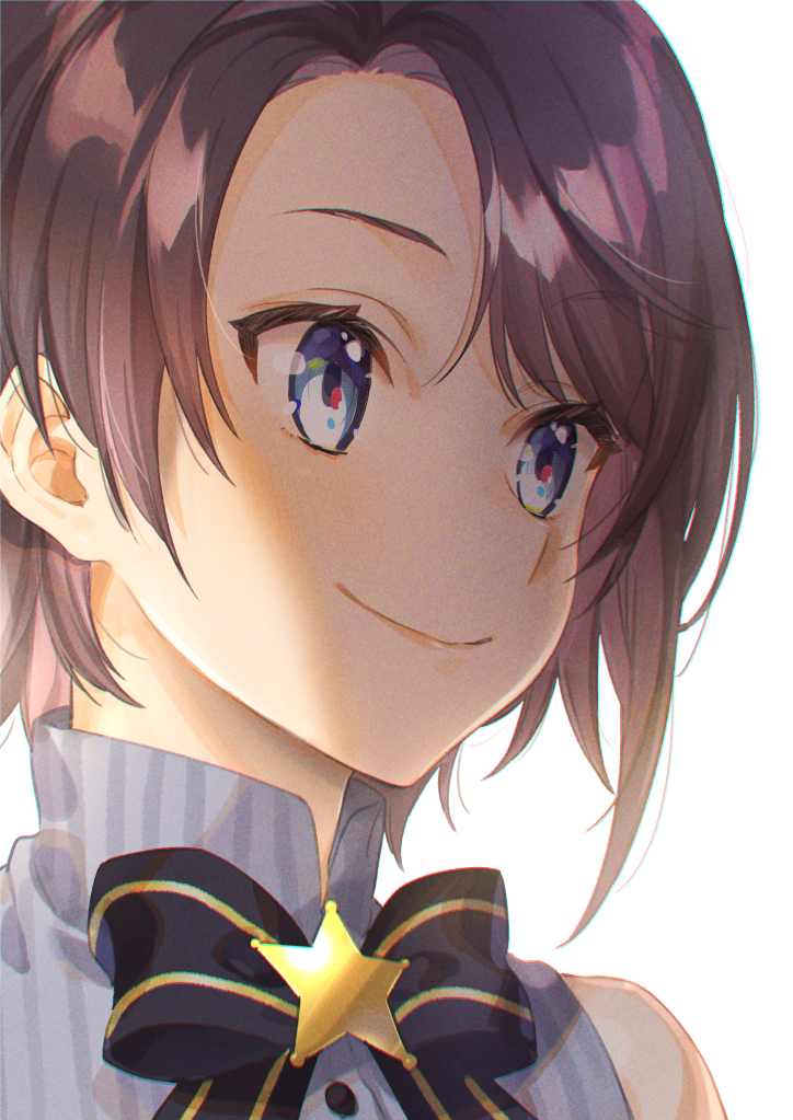 1girl bare_shoulders black_hair blue_eyes bow bowtie buttons closed_mouth hololive lips nokachoco114 oozora_subaru short_hair smile solo star striped vertical_stripes virtual_youtuber white_background