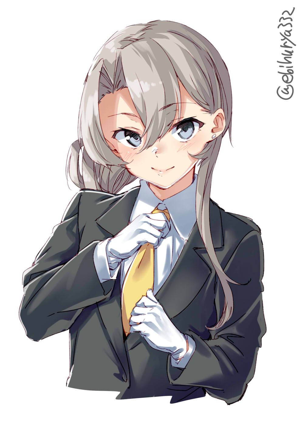 1girl alternate_costume asymmetrical_hair bangs blush cropped_torso earrings ebifurya eyebrows_visible_through_hair flipped_hair formal gloves grey_eyes hair_between_eyes highres jacket jewelry kantai_collection long_hair long_sleeves necktie nowaki_(kantai_collection) shirt silver_hair simple_background smile solo suit swept_bangs twitter_username white_background white_gloves white_shirt yellow_neckwear