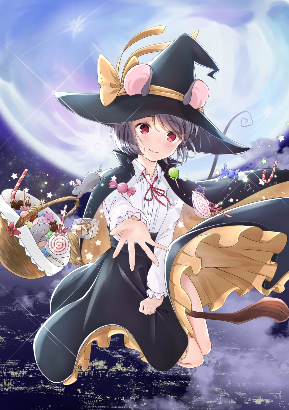 &gt;_&lt; 1girl animal_ears bangs basket black_cape black_skirt blush bow broom broom_riding candy cape capelet city clouds cookie eyebrows_visible_through_hair eyes_visible_through_hair food frilled_skirt frilled_sleeves frills grey_hair hat highres lights long_sleeves looking_at_viewer moon mouse mouse_ears mouse_tail nagiyu_(shirokuma_village) nazrin neon_lights night open_hand outstretched_hand reaching reaching_out red_eyes red_neckwear red_ribbon ribbon shirt short_hair skirt star sweets tail touhou white_shirt witch_hat yellow_bow yellow_ribbon