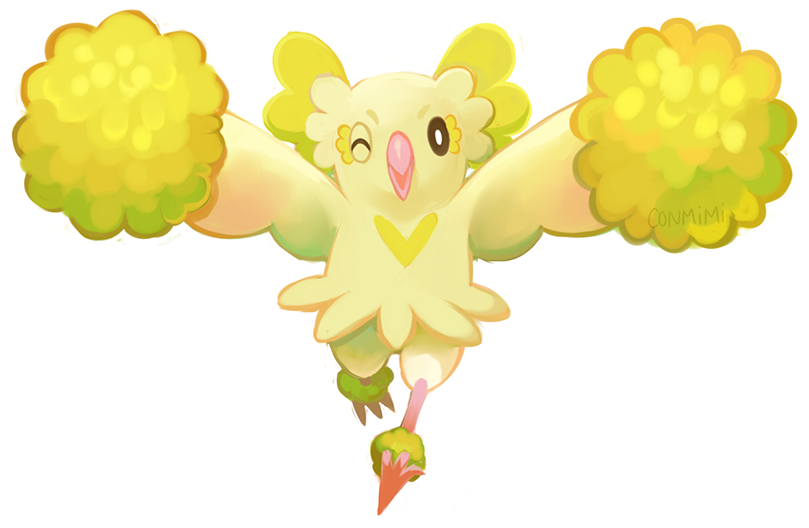bird bird_focus commentary conmimi creature english_commentary full_body gen_7_pokemon looking_at_viewer no_humans one_eye_closed oricorio oricorio_(pom-pom) pokemon pokemon_(creature) simple_background standing white_background