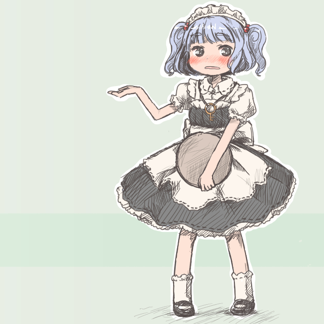 1girl alternate_costume apron back_bow black_dress black_footwear blue_hair blush bow dress enmaided full_body green_background hair_bobbles hair_ornament hand_up holding holding_tray hozumiare kawashiro_nitori key looking_at_viewer maid maid_headdress mary_janes puffy_short_sleeves puffy_sleeves shirt shoes short_hair short_sleeves socks solo standing touhou tray two_side_up waist_apron white_bow white_legwear white_shirt