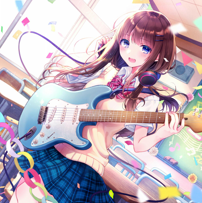 1girl :d bangs blue_eyes blue_skirt bow brown_hair collared_shirt commentary_request confetti day diagonal-striped_bow diagonal_stripes dutch_angle electric_guitar eyebrows_visible_through_hair guitar hand_on_headphones hand_up headphones headphones_around_neck holding holding_instrument indoors instrument kashiwabara_en long_hair looking_at_viewer open_mouth original plaid plaid_skirt pleated_skirt red_bow school_uniform shirt short_sleeves skirt smile solo striped sunlight sweater_vest white_shirt window
