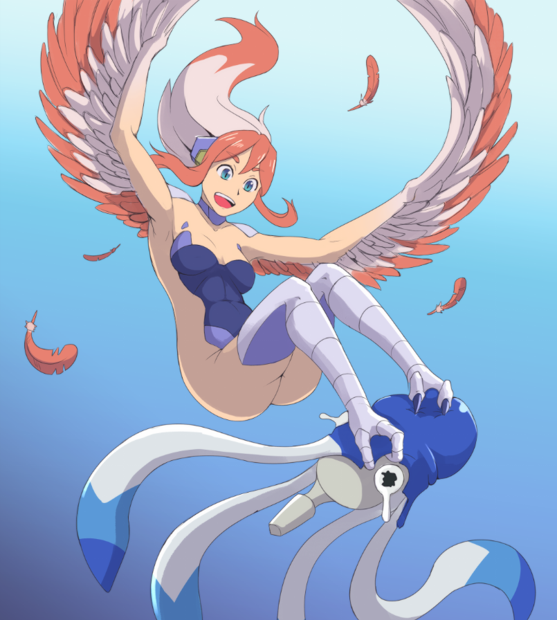 1girl :d armpits ass birdy_cephon_altirra blue_background blue_eyes blue_leotard bottomless breasts brown_hair choker feathered_wings feathers floating_hair flying gloves grabbing gradient gradient_background harpy headgear kittenboogers knees_together_feet_apart leotard long_hair looking_at_viewer medium_breasts monster_girl monsterification multicolored_hair open_mouth simple_background slit_pupils smile spread_wings strapless talons tetsuwan_birdy tetsuwan_birdy_decode thigh-highs third-party_source tuto two-tone_hair white_hair wings