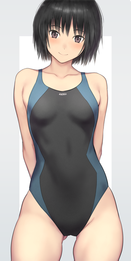 1girl amagami arms_behind_back black_eyes black_hair black_swimsuit breasts competition_swimsuit looking_at_viewer medium_breasts nanasaki_ai nozomi-y one-piece_swimsuit short_hair simple_background smile solo swimsuit