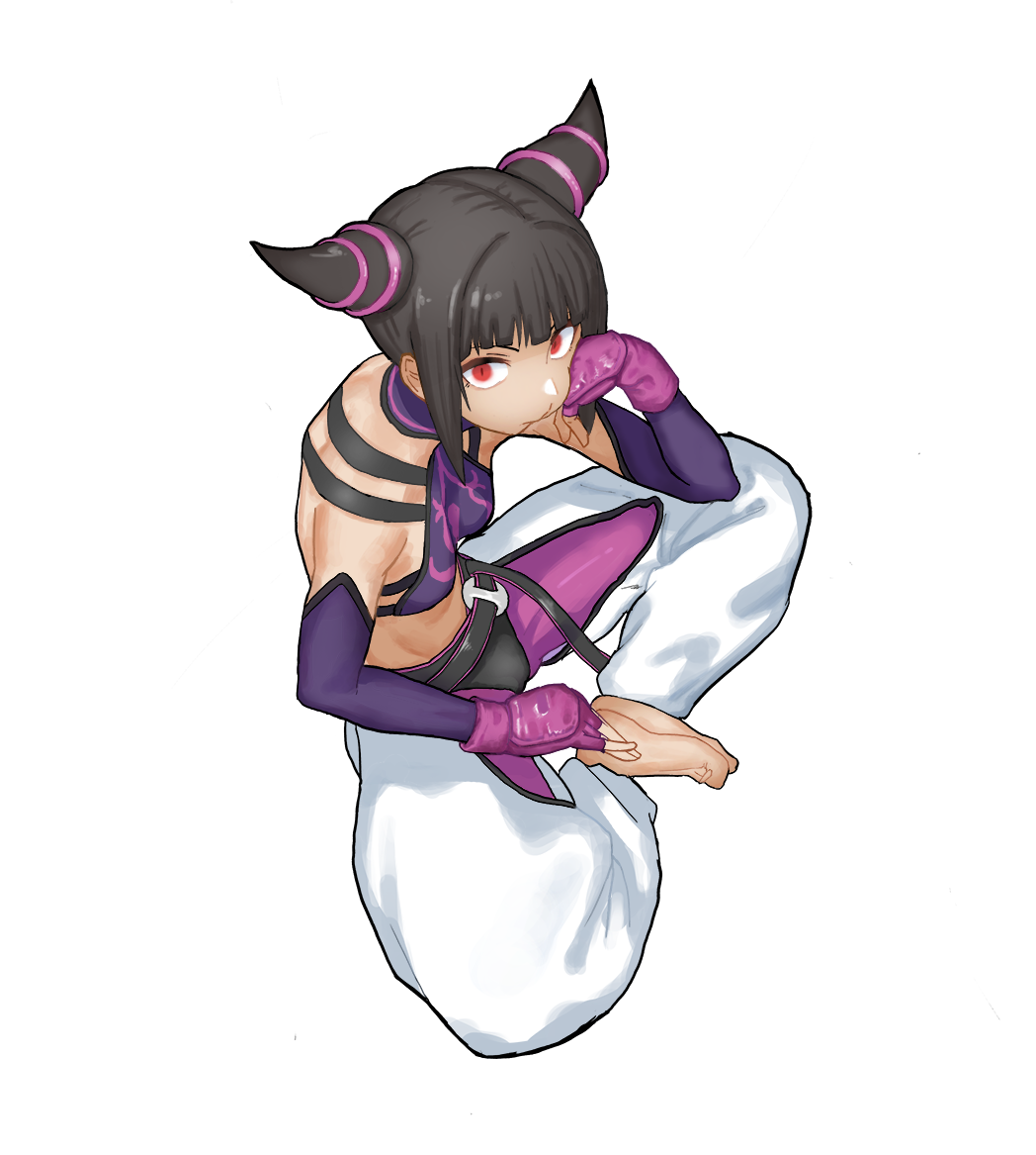1girl barefoot black_hair breasts closed_mouth commentary detached_sleeves drill_hair fingerless_gloves flasso gloves halter_top halterneck han_juri looking_at_viewer midriff short_hair simple_background solo street_fighter street_fighter_iv_(series) twin_drills white_background