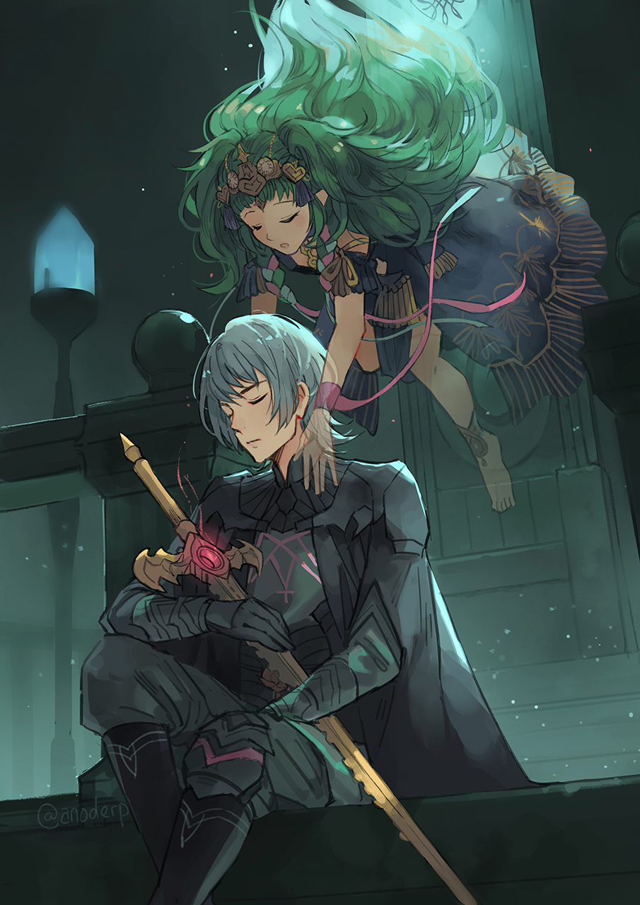 1boy 1girl anocurry armor black_gloves braid byleth_(fire_emblem) byleth_eisner_(male) closed_eyes closed_mouth fire_emblem fire_emblem:_three_houses gloves green_hair hair_ornament highres holding holding_sword holding_weapon long_hair pointy_ears ribbon_braid short_hair sitting sothis_(fire_emblem) sword tiara twin_braids twitter_username weapon