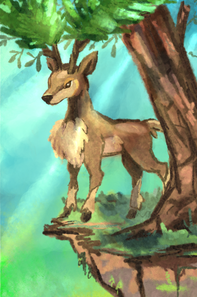 brown_eyes cliff commentary creature deer drawingpkmneveryday english_commentary full_body gen_5_pokemon grass no_humans pokemon pokemon_(creature) sawsbuck solo standing tree