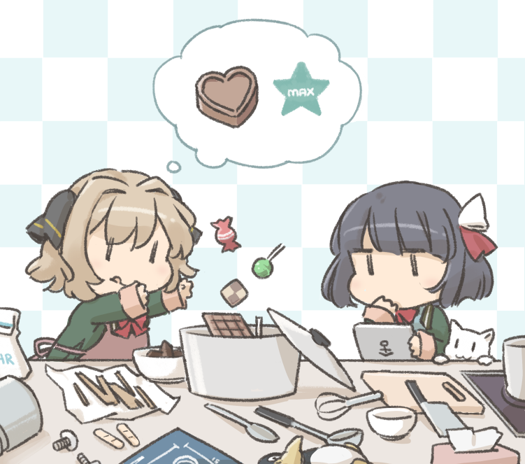 2girls :q animal astcd2 bangs black_hair bowl candy cat chibi chocolate chocolate_heart cutting_board failure_penguin food fur-trimmed_sleeves fur_trim hachijou_(kantai_collection) hair_ribbon heart ishigaki_(kantai_collection) kantai_collection light_brown_hair long_sleeves multiple_girls pot ribbon screw short_hair simple_background tissue_box tongue tongue_out whisk