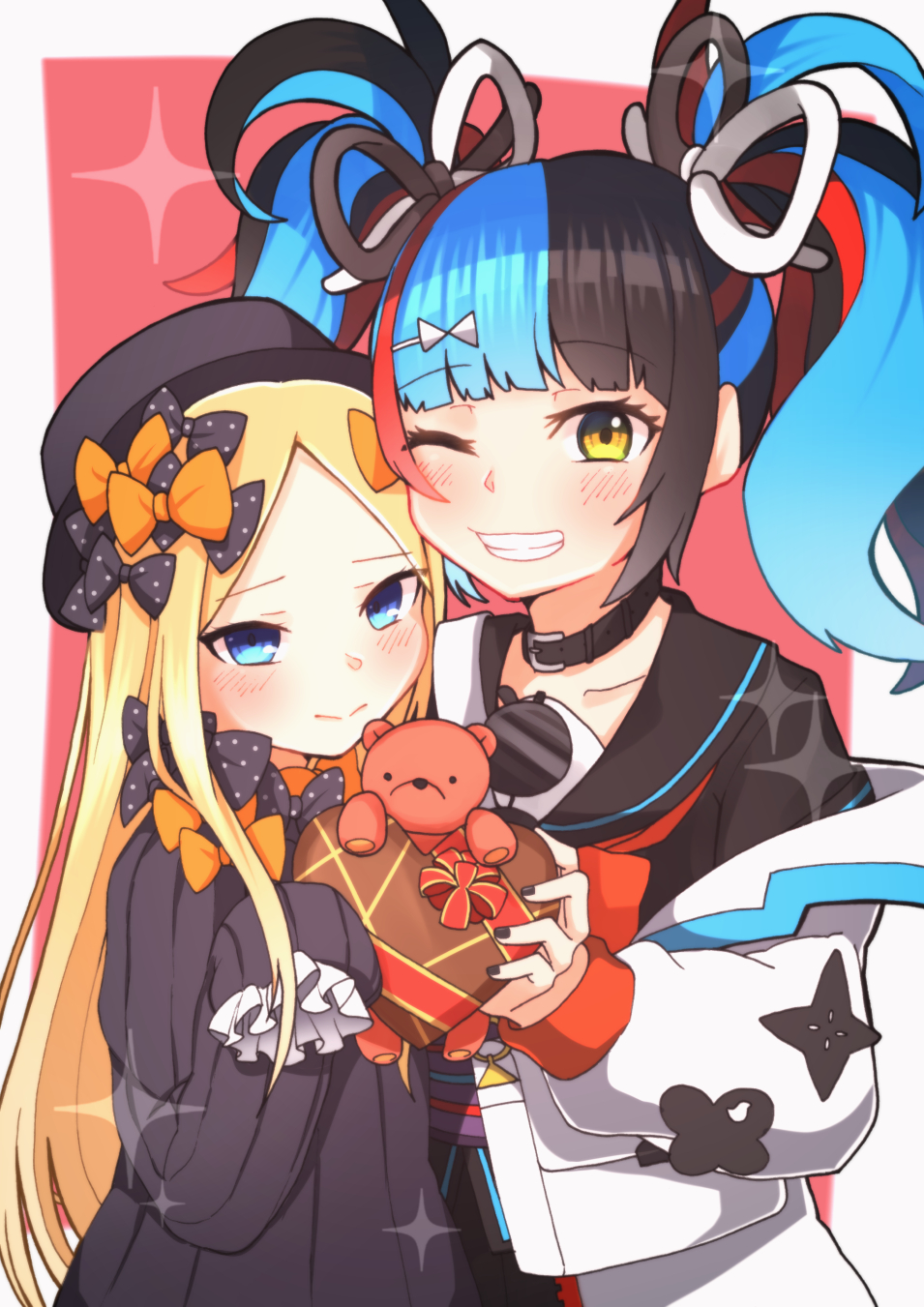 2girls abigail_williams_(fate/grand_order) bag bangs black_bow black_dress black_hair black_headwear black_nails black_sailor_collar black_serafuku black_shirt blonde_hair blue_eyes blue_hair blunt_bangs blush border bow box breasts closed_mouth collar dress eyewear_hang eyewear_removed fate/grand_order fate_(series) forehead gift gift_box grin hair_bow hat heart-shaped_box highres holding holding_gift jacket long_hair long_sleeves looking_at_viewer medium_breasts multicolored_hair multiple_bows multiple_girls off-shoulder_jacket one_eye_closed orange_bow parted_bangs pink_background polka_dot polka_dot_bow red_neckwear redhead ribbed_dress sailor_collar sato_(r017xts117) school_uniform sei_shounagon_(fate) serafuku shirt shoulder_bag sleeves_past_fingers sleeves_past_wrists small_breasts smile sparkle stuffed_animal stuffed_toy teddy_bear twintails valentine white_bag white_border white_jacket yellow_eyes