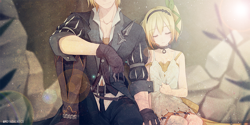 1boy 1girl against_wall black_coat black_gloves black_hairband black_pants blonde_hair blurry_foreground bow brother_and_sister brown_footwear closed_mouth coat collarbone dress dust_particles edna_(tales) eizen_(tales) facing_viewer gloves green_bow green_ribbon hair_bow hair_ribbon hairband head_out_of_frame head_tilt holding_hands interlocked_fingers lens_flare monicanc open_clothes open_coat pants ribbon short_dress short_hair siblings side_ponytail sitting sleeveless sleeveless_dress smile sundress tales_of_(series) tales_of_berseria tales_of_zestiria twitter_username white_dress