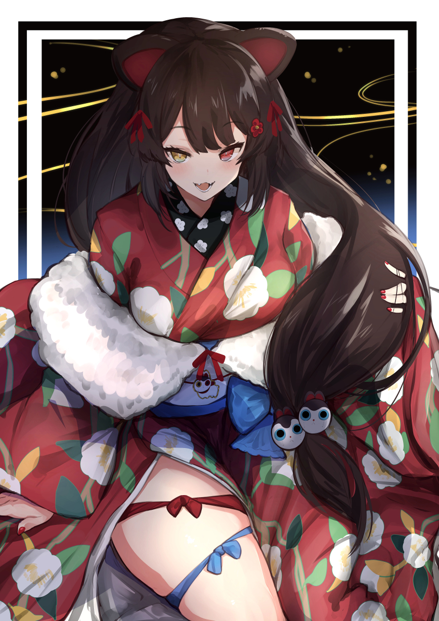 1girl :3 animal_ears blue_bow bow breasts brown_hair commentary fangs heterochromia highres inui_toko japanese_clothes kimono long_hair looking_at_viewer nail_polish nijisanji nuezou raised_eyebrows red_bow red_eyes solo thick_thighs thighs virtual_youtuber yellow_eyes