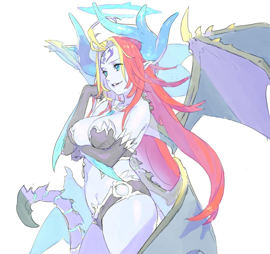 1girl antenna_hair bangs bare_shoulders black_bra black_gloves black_panties blue_eyes blue_skin bra breast_lift breasts contrapposto cowboy_shot dragon_horns dragon_wings elbow_gloves facial_mark forehead_mark from_side gloves halo hand_up horns jewelry large_breasts long_hair low_wings multicolored_hair multiple_wings nagisa_kurousagi navel necklace original panties parted_bangs redhead revealing_clothes simple_background smile smirk solo standing streaked_hair underwear very_long_hair white_background wings