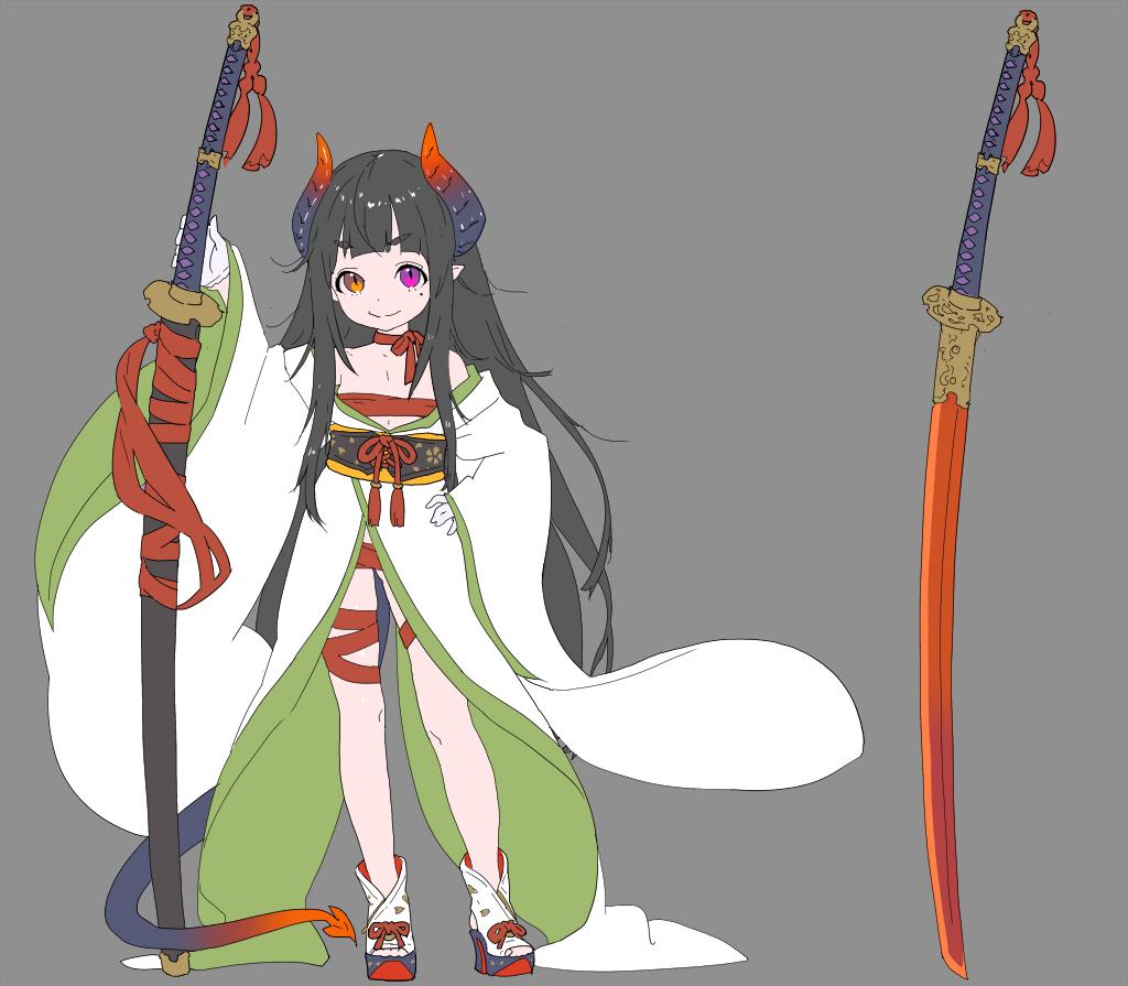 1girl black_hair budget_sarashi choker closed_mouth demon_girl demon_horns demon_tail gloves grey_background hand_on_hip heel-less_platform_footwear heterochromia high_heels horns japanese_clothes katana kimono long_hair long_sleeves looking_at_viewer mole mole_under_eye nagisa_kurousagi obi orange_eyes original pink_eyes platform_footwear red_choker red_ribbon ribbon ribbon_choker sarashi sash scabbard sheath simple_background smile solo sword tail very_long_hair weapon white_gloves wide_sleeves