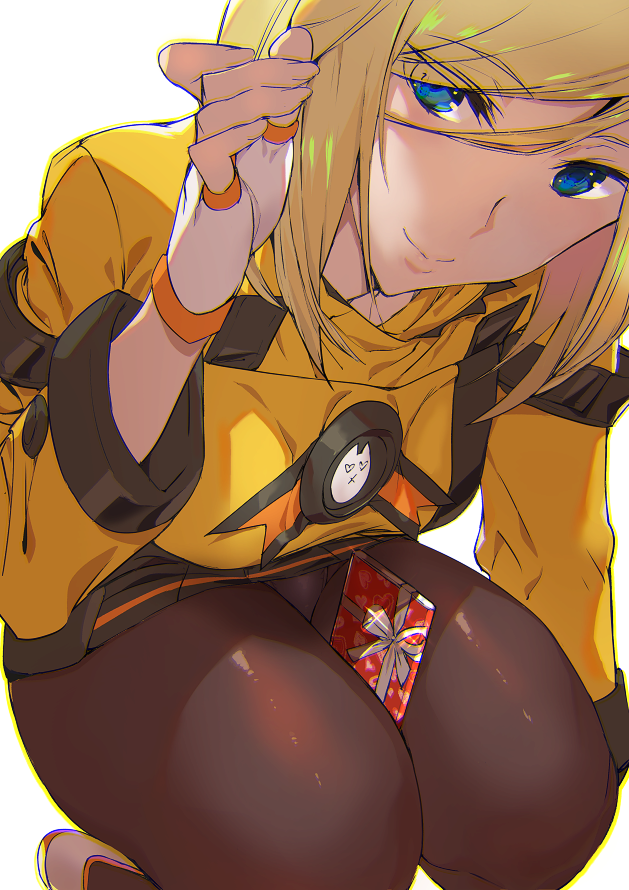 1girl ashiomi_masato between_legs blonde_hair blue_eyes brown_legwear commentary_request dress fingerless_gloves gift gloves guilty_gear guilty_gear_xrd millia_rage panties panties_under_pantyhose pantyhose smile solo squatting underwear white_gloves yellow_dress