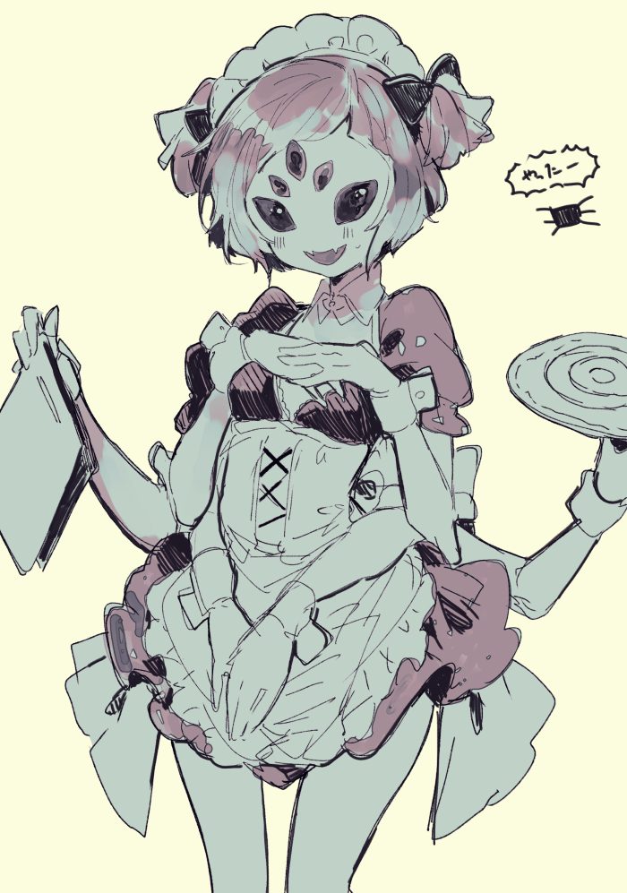 1girl :d alternate_costume apron bangs blunt_bangs bow breasts bug dress enmaided extra_arms fangs hair_bow holding ikeuchi_tanuma insect_girl looking_at_viewer maid maid_apron maid_headdress monochrome monster_girl muffet notepad open_mouth puffy_short_sleeves puffy_sleeves short_dress short_hair short_sleeves simple_background small_breasts smile solo spider spider_girl standing sweatdrop tray two_side_up undertale white_background wrist_cuffs