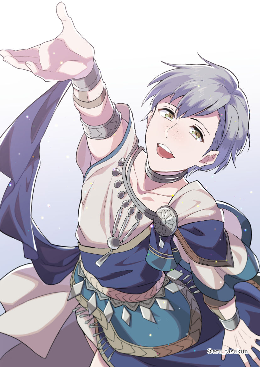 1boy alternate_costume artist_name ashe_ubert blue_hair bracelet dancer erutasuku fire_emblem fire_emblem:_three_houses freckles jewelry male_focus necklace open_mouth solo sparkle teeth yellow_eyes