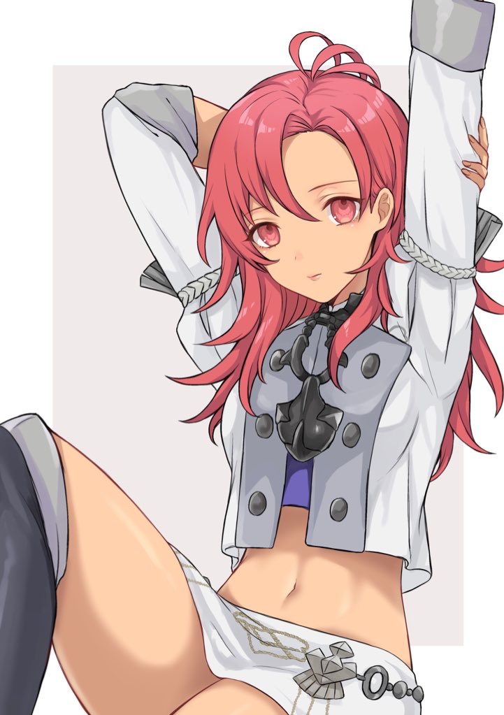 1girl akina_(akn_646) antenna_hair arms_up black_footwear boots closed_mouth dark_skin double-breasted fire_emblem fire_emblem:_three_houses hapi_(fire_emblem) knee_up long_sleeves looking_at_viewer midriff miniskirt navel red_eyes redhead sitting skirt smile solo stomach thigh-highs thigh_boots thighs two-tone_background uniform white_skirt