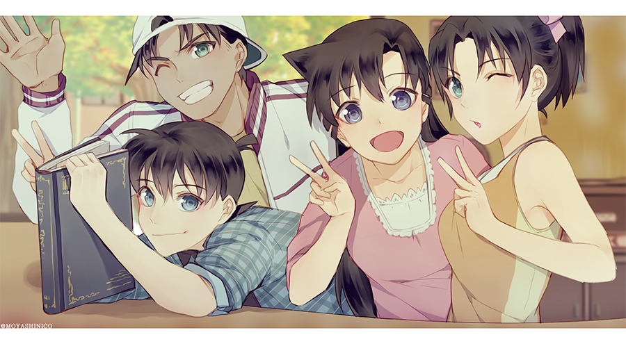 2boys 2girls :d baseball_cap blue_eyes blurry blurry_background brown_hair green_eyes hair_ribbon hat hattori_heiji holding jacket kudou_shin'ichi long_hair long_sleeves looking_at_viewer meitantei_conan monicanc mouri_ran multiple_boys multiple_girls one_eye_closed open_clothes open_jacket open_mouth orange_shirt pink_ribbon pink_shirt plaid plaid_shirt ponytail ribbon shiny shiny_hair shirt short_hair sleeveless sleeveless_shirt sleeves_rolled_up smile tooyama_kazuha twitter_username upper_body v white_headwear white_jacket