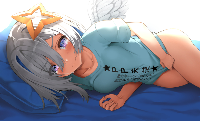1girl amane_kanata angel_wings bed blush bottomless commentary_request covering covering_crotch hair_between_eyes hair_ornament hololive looking_at_viewer lying murata_taichi naked_shirt on_side pillow shirt short_hair t-shirt tears violet_eyes virtual_youtuber white_background wings