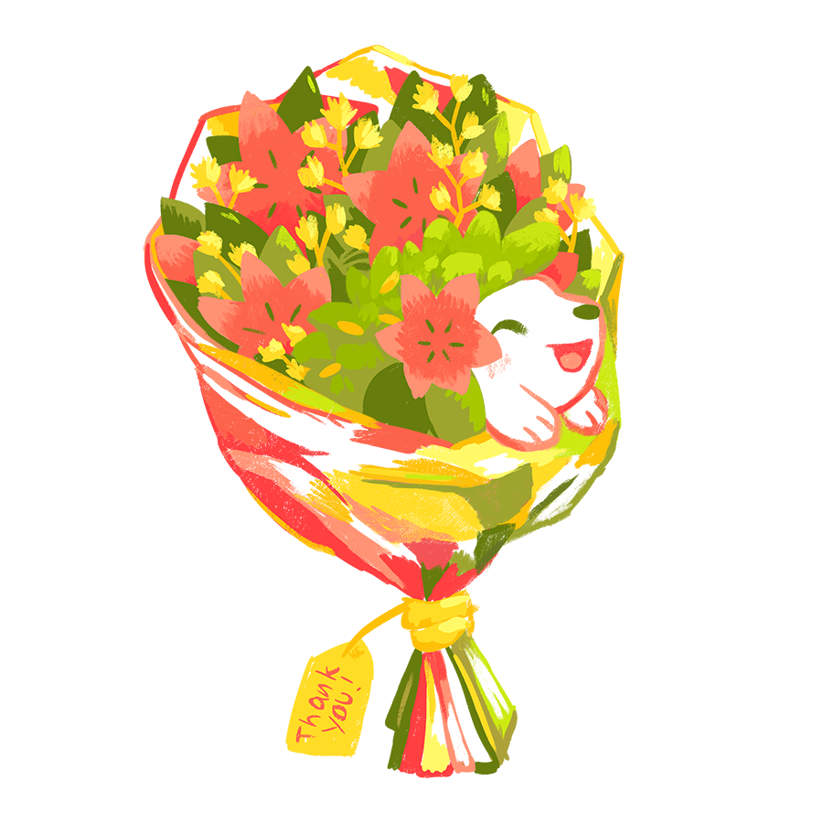 :d ^_^ bouquet closed_eyes commentary english_commentary flower gen_4_pokemon gracidea kc_art no_humans open_mouth pokemon pokemon_(creature) shaymin shaymin_(land) simple_background smile solo thank_you white_background