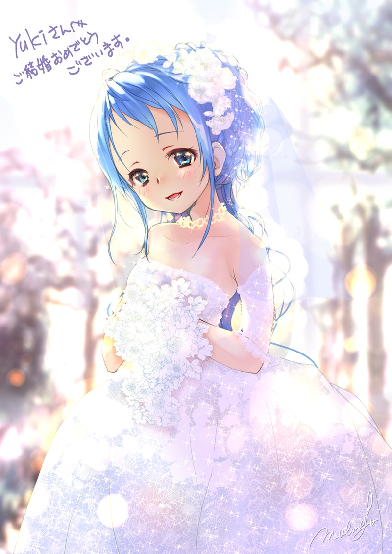 1girl alternate_costume alternate_hairstyle bangs bare_shoulders blue_eyes blue_hair blurry bokeh bouquet bridal_veil bride commission depth_of_field dress floral_print flower holding holding_bouquet kantai_collection long_hair looking_at_viewer malino_(dream_maker) samidare_(kantai_collection) sleeveless smile solo swept_bangs veil very_long_hair wedding wedding_dress white_dress