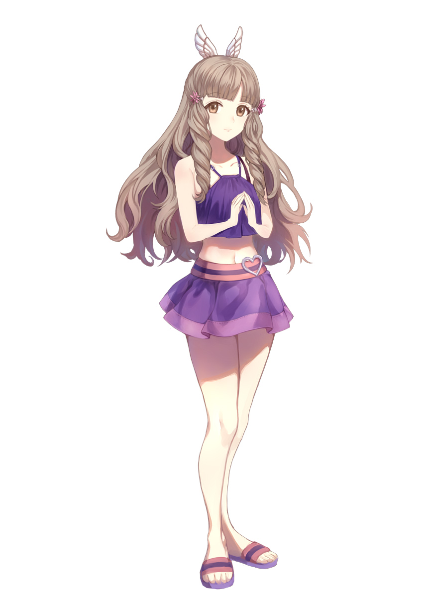 1girl brown_eyes brown_hair drill_hair fire_emblem fire_emblem_awakening hands_together highres jurge long_hair navel sandals simple_background skirt sleeveless solo sumia white_background wing_hair_ornament