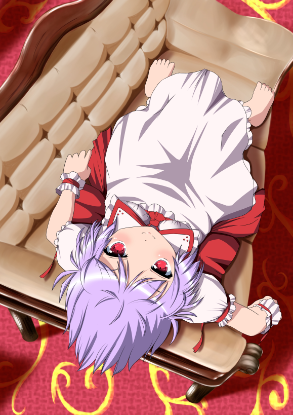 1girl ascot bow commentary_request couch dress eyebrows_visible_through_hair frilled_shirt frilled_shirt_collar frilled_sleeves frills from_above full_body lavender_hair looking_at_viewer puffy_short_sleeves puffy_sleeves purple_hair red_bow red_eyes remilia_scarlet ribbon ribbon_trim rico_l_niel shirt short_hair short_sleeves touhou white_dress wrist_cuffs