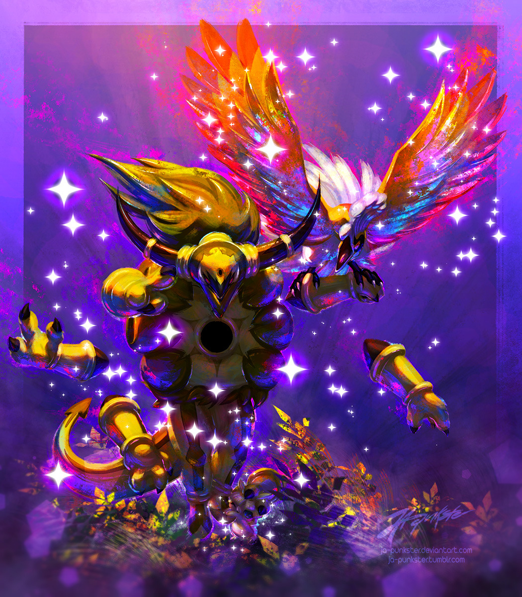 alternate_color bird blue_eyes border commentary creature deviantart_username english_commentary flying full_body gen_2_pokemon gen_6_pokemon grass highres ho-oh hoopa horns ja-punkster no_humans one_eye_closed pokemon pokemon_(creature) purple_background shiny_pokemon signature smoochum sparkle tumblr_username walking watermark web_address