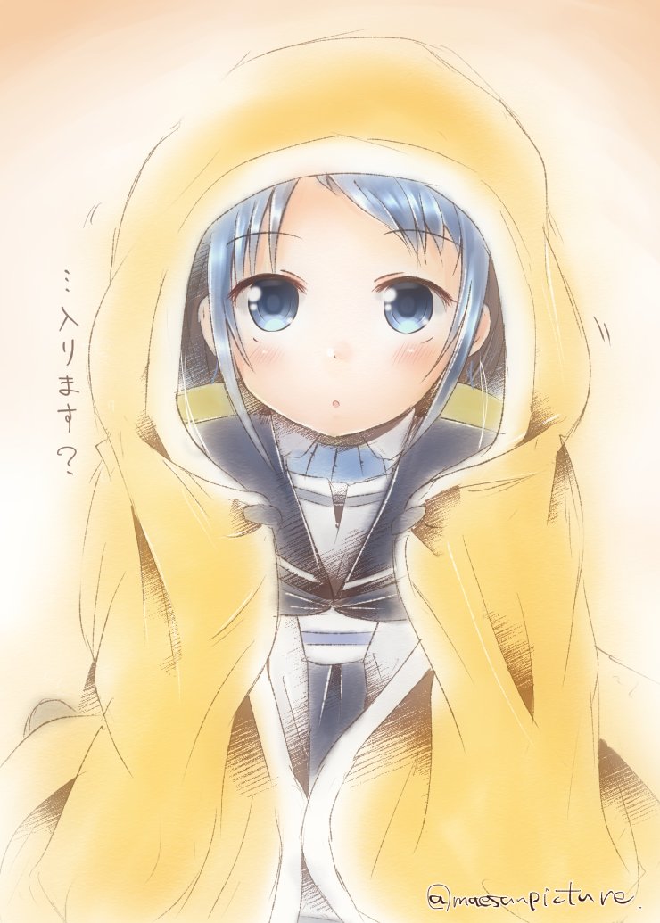 1girl :o artist_name bangs blanket blanket_hug blue_eyes blue_hair blue_neckwear blush commentary_request eyebrows_visible_through_hair holding_blanket kantai_collection looking_at_viewer mae_(maesanpicture) neckerchief sailor_collar samidare_(kantai_collection) shirt sidelocks simple_background solo swept_bangs translated white_background white_serafuku white_shirt