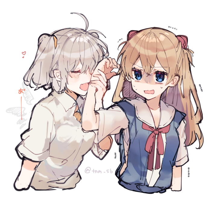 2girls :d ahoge angel_chromosome_xx blue_eyes blue_shirt closed_eyes collared_shirt disgust fang grey_hair hair_between_eyes headgear heart holding_arm ikeuchi_tanuma light_brown_hair multiple_girls neck_ribbon neon_genesis_evangelion open_mouth rectangular_mouth red_neckwear red_ribbon ribbon sailor_collar school_uniform serafuku shirt short_sleeves skin_fang smelling smile souryuu_asuka_langley sweatdrop tabris-xx two_side_up white_background white_hair white_sailor_collar wing_collar yuri