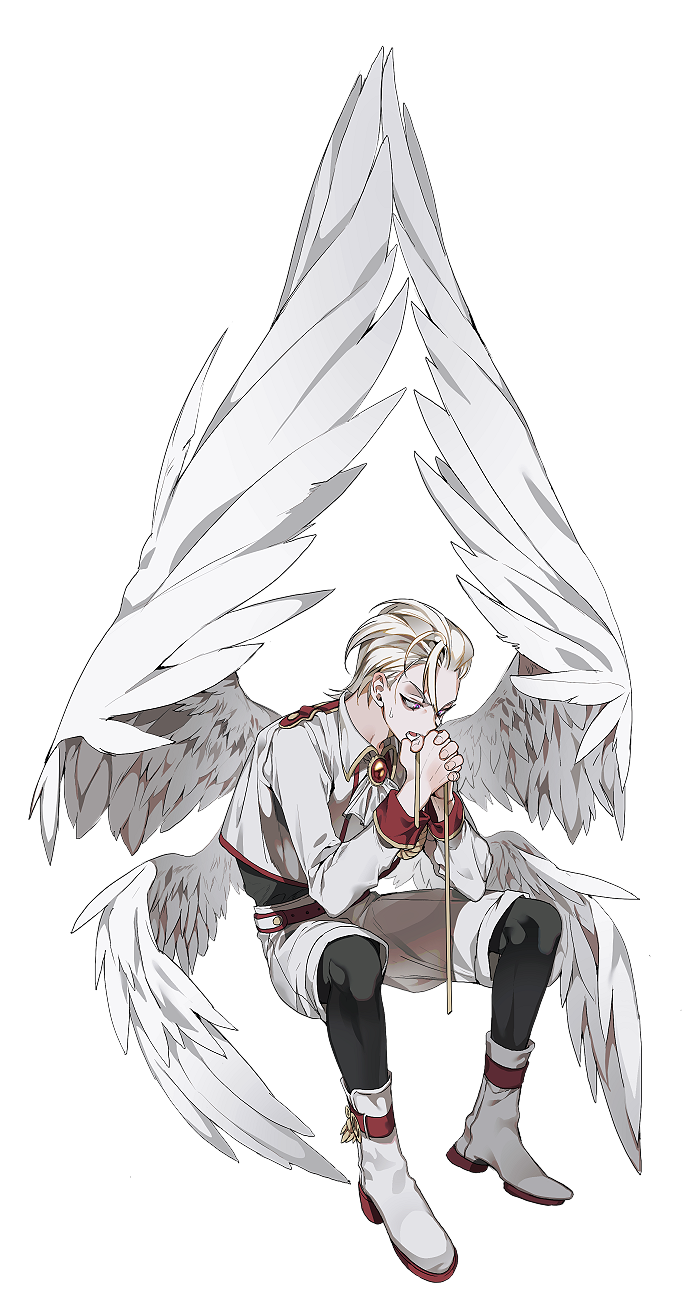 1boy angel angel_wings blonde_hair fingernails hair_slicked_back hands_together highres invisible_chair lower_teeth male_focus multiple_wings open_mouth original panza shorts sitting solo sweat teeth transparent_background violet_eyes white_footwear white_shorts wings