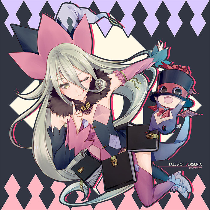 1girl ;q asymmetrical_legwear asymmetrical_sleeves bienfu_(tales) black_legwear black_sleeves book closed_mouth copyright_name detached_sleeves flat_chest floating_hair garter_straps hair_between_eyes hat long_hair long_sleeves magilou_(tales) monicanc multicolored_sleeves one_eye_closed outstretched_arm pink_legwear pink_sleeves silver_hair smile solo strapless tales_of_(series) tales_of_berseria thigh-highs tongue tongue_out twitter_username very_long_hair witch_hat yellow_eyes