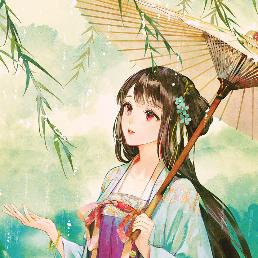 1girl bangle bangs black_hair blue_flower bracelet brown_umbrella chinese_clothes commentary_request flower hair_flower hair_ornament hand_up hanfu holding holding_umbrella jewelry long_hair long_sleeves looking_away oriental_umbrella original parted_lips rain red_eyes red_lips say_hana solo umbrella upper_body wide_sleeves