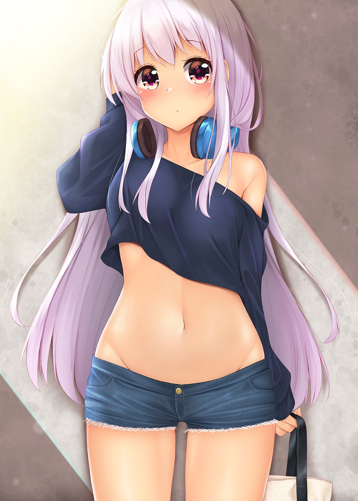 1girl arm_up bare_shoulders black_shirt black_shorts breasts closed_mouth commentary_request cowboy_shot crop_top crop_top_overhang cutoffs denim denim_shorts groin headphones headphones_around_neck highres holding long_hair long_sleeves looking_at_viewer medium_breasts midriff minato_(ojitan_gozaru) navel off-shoulder_shirt off_shoulder original red_eyes shirt short_shorts shorts silver_hair solo standing stomach thighs very_long_hair