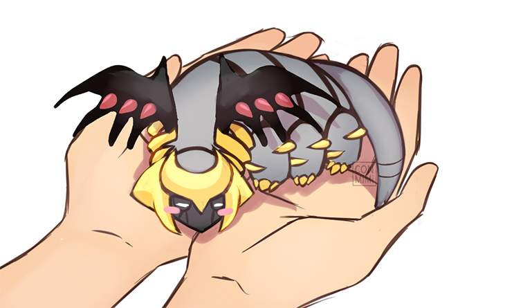blush_stickers commentary conmimi creature english_commentary gen_4_pokemon giratina giratina_(altered) hands holding holding_pokemon legendary_pokemon lying on_stomach pokemon pokemon_(creature) signature simple_background white_background wings