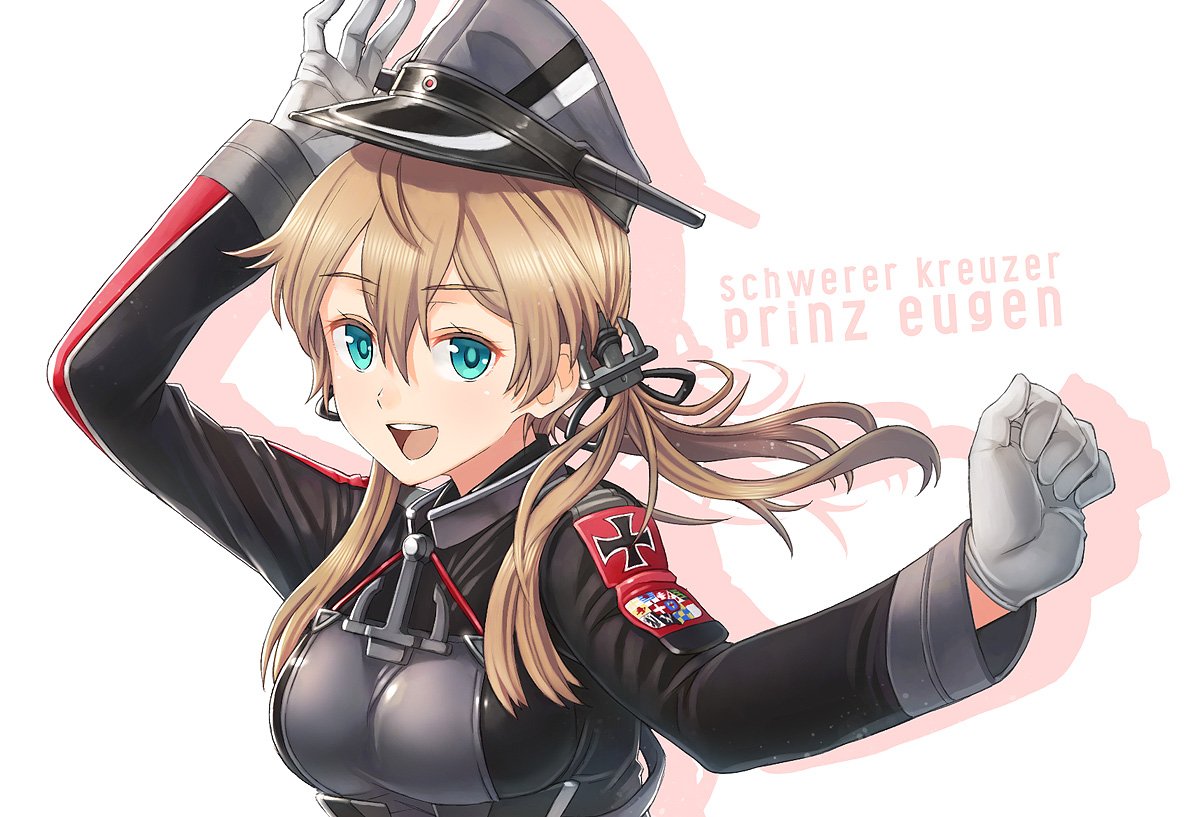 1girl :d anchor_hair_ornament anchor_necklace blonde_hair character_name drop_shadow gloves green_eyes hair_between_eyes hair_ornament hand_up hat iron_cross itou_(onsoku_tassha) kantai_collection long_sleeves looking_at_viewer medium_hair military military_hat military_uniform open_mouth prinz_eugen_(kantai_collection) simple_background smile solo uniform upper_body upper_teeth white_background white_gloves