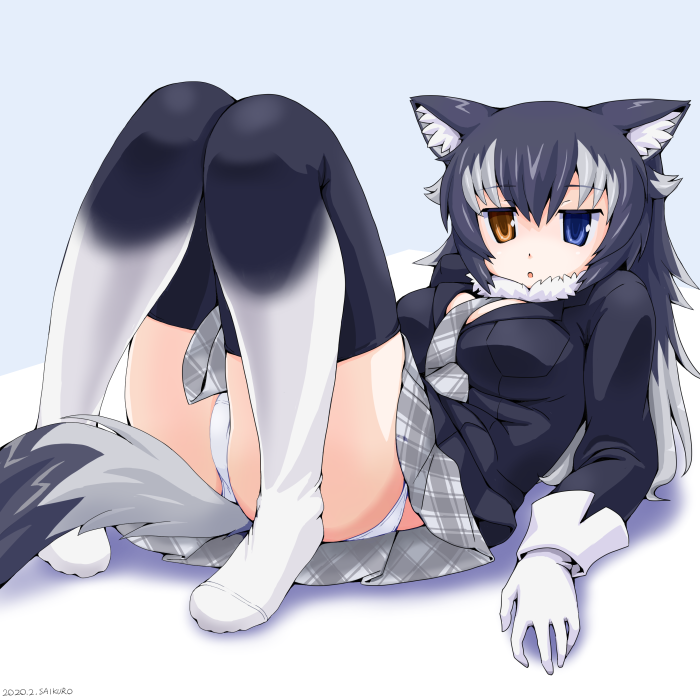 1girl animal_ear_fluff animal_ears artist_name between_breasts blue_eyes breasts commentary commentary_request eyebrows_visible_through_hair full_body fur_collar gloves gradient gradient_legwear grey_wolf_(kemono_friends) heterochromia kemono_friends knees_up looking_at_viewer medium_breasts medium_skirt multicolored_hair necktie necktie_between_breasts panties saikuro skirt solo tail thigh-highs two-tone_hair underwear white_gloves white_panties wolf_ears wolf_girl wolf_tail yellow_eyes