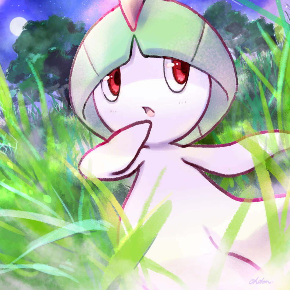 commentary_request creature forest full_moon gen_3_pokemon grass looking_to_the_side moon nature night night_sky no_humans ohdon pokemon pokemon_(creature) ralts red_eyes signature sky solo standing star_(sky) starry_sky tree