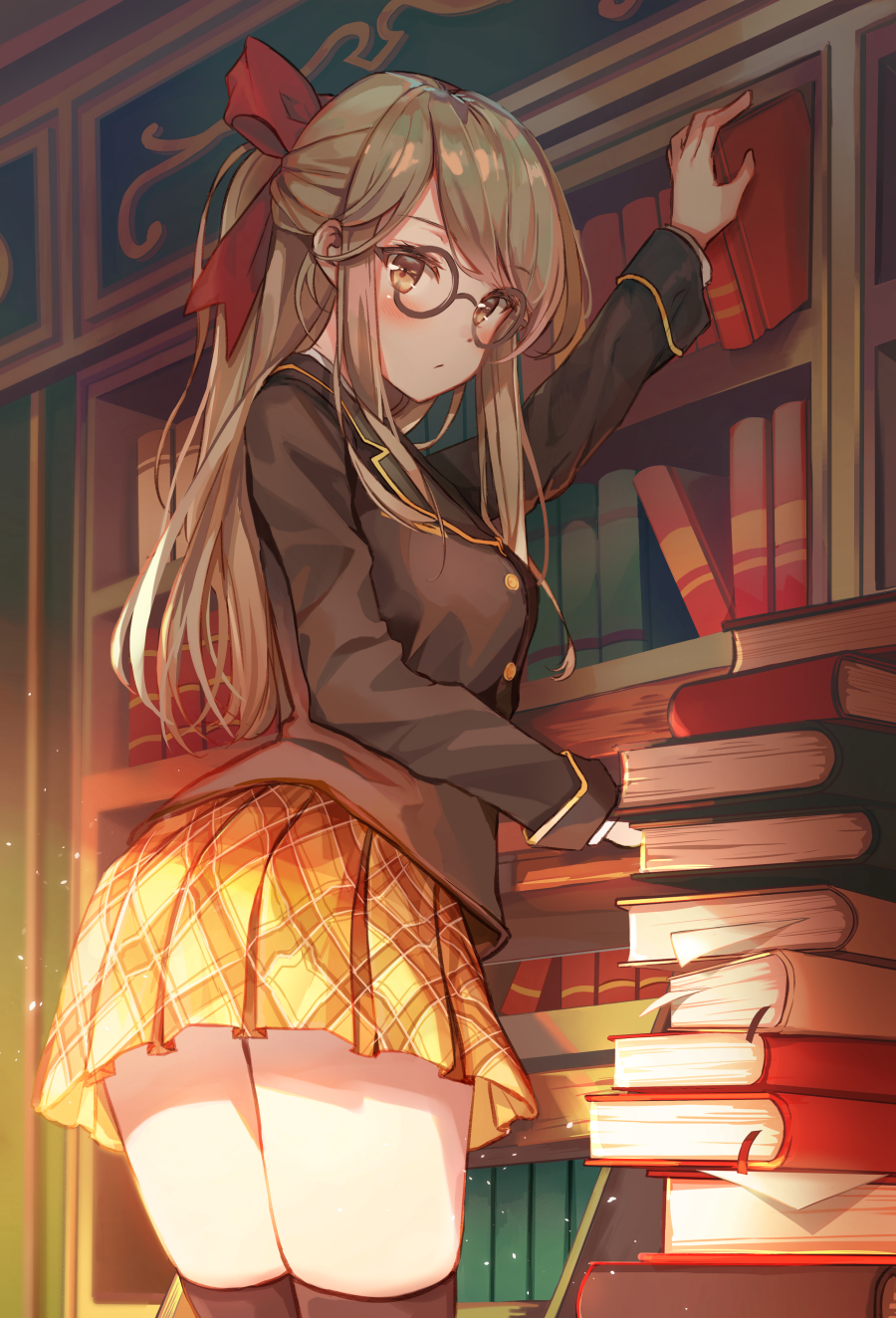 1girl book bookshelf eyebrows_visible_through_hair glasses hair_ribbon half_updo highres kneehighs library long_hair looking_at_viewer munape original pleated_skirt ribbon school_uniform skirt solo thighs