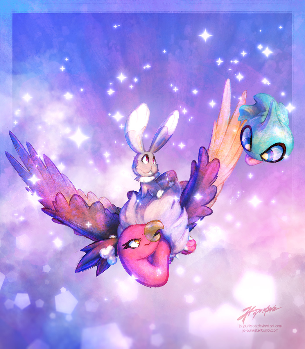 alternate_color bone_hair_ornament bunnelby buzzard clouds cloudy_sky commentary creature day english_commentary eye_contact floating flying full_body gen_3_pokemon gen_5_pokemon gen_6_pokemon ghost highres ja-punkster looking_at_another mandibuzz no_humans pokemon pokemon_(creature) rabbit riding riding_pokemon shiny_pokemon shuppet sky tongue tongue_out violet_eyes yellow_eyes