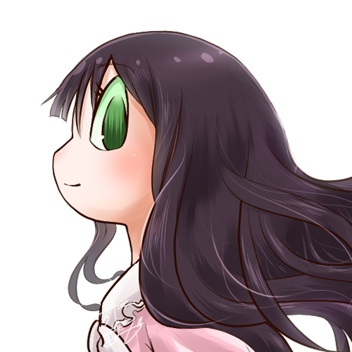 1girl avatar_icon black_hair bow bowtie chamaji close-up commentary_request eyebrows_visible_through_hair floating_hair from_side green_eyes hime_cut houraisan_kaguya japanese_clothes long_hair looking_at_viewer lowres signature simple_background smile solo touhou upper_body white_background