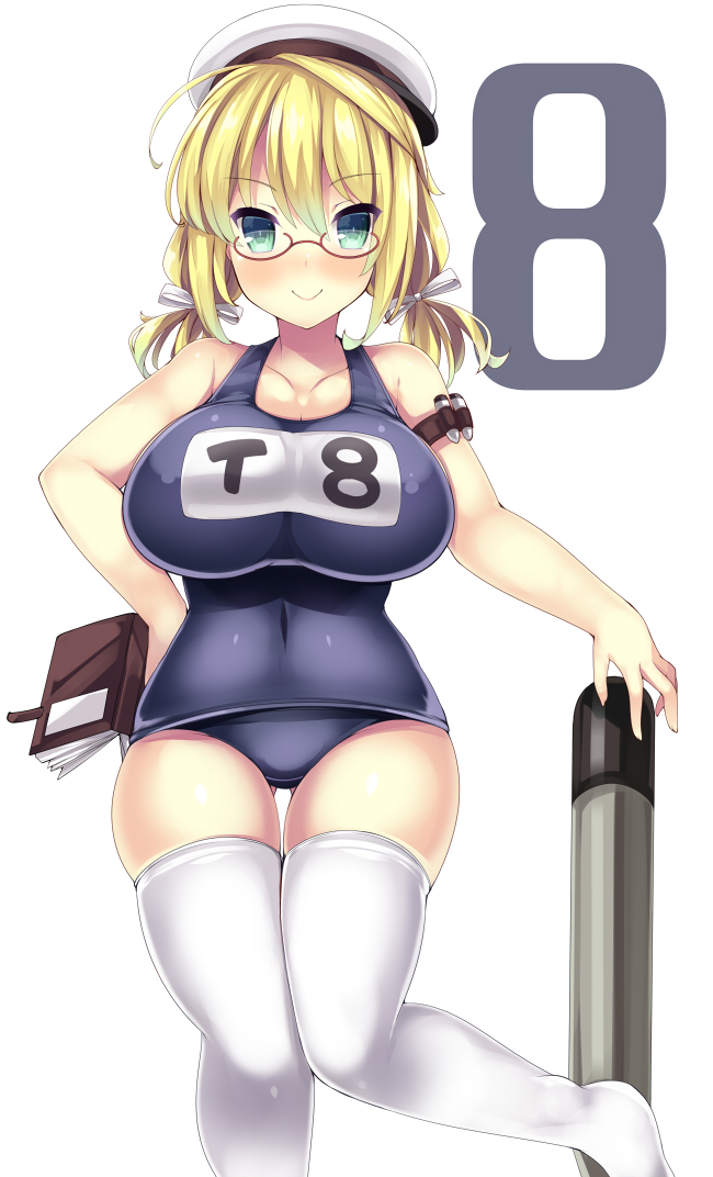 1girl akikaze_tsumuji aqua_eyes blonde_hair blue_eyes breasts cowboy_shot eyebrows_visible_through_hair glasses hair_between_eyes hat huge_breasts i-8_(kantai_collection) kantai_collection looking_at_viewer low_twintails name_tag one-piece_swimsuit peaked_cap red-framed_eyewear sailor_hat school_swimsuit semi-rimless_eyewear simple_background smile solo standing standing_on_one_leg swimsuit swimsuit_under_clothes thigh-highs torpedo twintails under-rim_eyewear white_background white_legwear