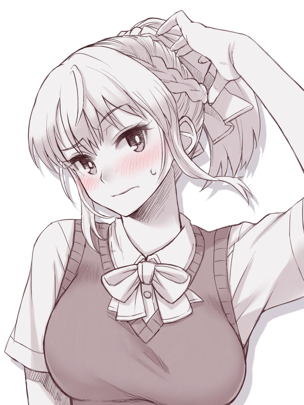1girl blonde_girl_(itou) bow bowtie braid breasts closed_mouth collared_shirt embarrassed eyebrows_visible_through_hair french_braid greyscale hair_bow hand_up highres itou_(onsoku_tassha) large_breasts looking_at_viewer monochrome original ponytail school_uniform shirt short_sleeves simple_background solo sweatdrop sweater_vest vest white_background wing_collar