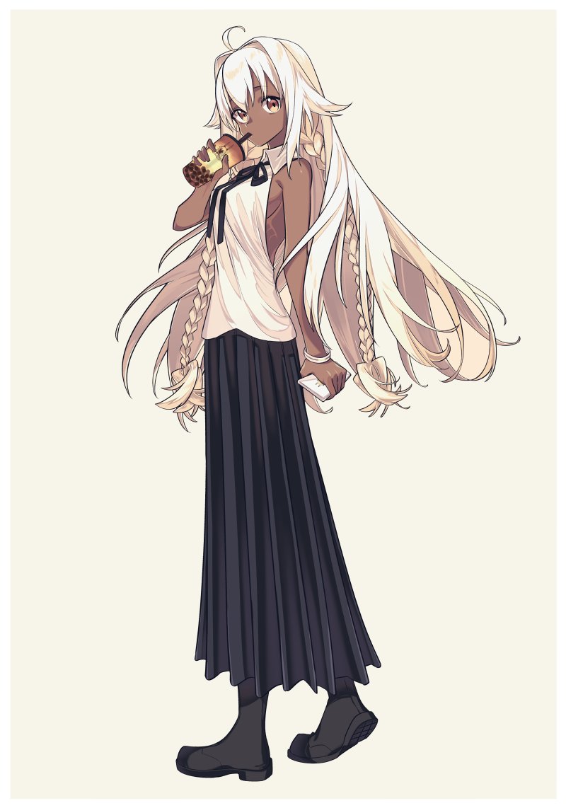 1girl angellyuna bangs bare_arms bare_shoulders black_footwear black_skirt boots braid brown_eyes bubble_tea commentary cup dark_skin disposable_cup drinking drinking_straw fate/grand_order fate_(series) full_body hair_intakes lakshmibai_(fate/grand_order) long_hair pleated_skirt shirt simple_background skirt sleeveless sleeveless_shirt solo twin_braids very_long_hair white_background white_hair white_shirt wing_collar