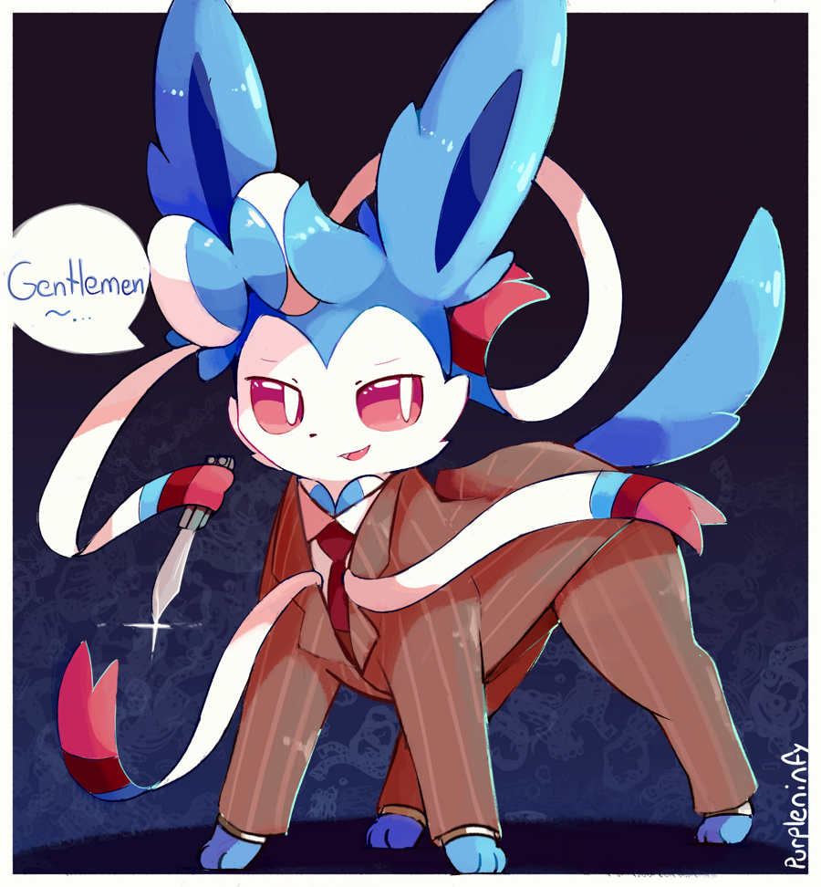 alternate_color black_background business_suit clothed_pokemon commentary creature dagger english_commentary formal full_body gen_6_pokemon holding holding_dagger holding_weapon multiple_sources necktie no_humans pokemon pokemon_(creature) purpleninfy shiny_pokemon signature solo sparkle standing suit sylveon weapon