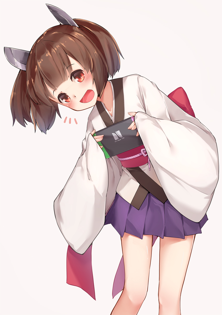 1girl bangs blush brown_hair commentary_request eyebrows_visible_through_hair grey_background headgear highres holding japanese_clothes kanzen_bouon kimono long_sleeves looking_at_viewer nintendo_switch obi pleated_skirt purple_skirt red_eyes sash simple_background skirt sleeves_past_wrists solo touhoku_kiritan twintails voiceroid white_kimono wide_sleeves