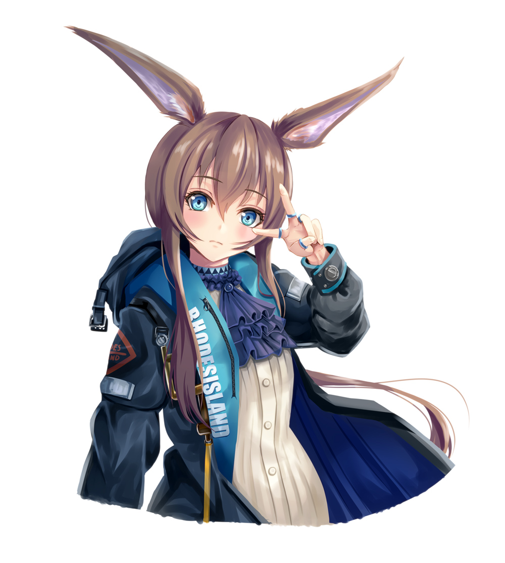 1girl amiya_(arknights) animal_ears arknights ascot bangs blue_eyes brown_hair commentary_request cravat cropped_torso eyebrows_visible_through_hair hair_between_eyes hood hooded_jacket jacket jewelry long_hair long_sleeves looking_at_viewer multiple_rings rabbit_ears ring shirt sidelocks simple_background upper_body v very_long_hair white_background white_shirt yumibakama_meme