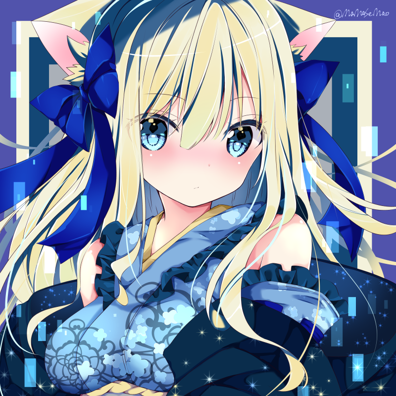 1girl animal_ear_fluff animal_ears bangs blonde_hair blue_bow blue_eyes blue_kimono blue_sleeves bow breasts cat_ears closed_mouth commentary_request detached_sleeves eyebrows_visible_through_hair floral_print hair_between_eyes hair_bow japanese_clothes kimono long_hair looking_at_viewer medium_breasts nanase_kureha nanase_nao original print_kimono ribbon-trimmed_sleeves ribbon_trim sleeveless sleeveless_kimono solo twitter_username upper_body