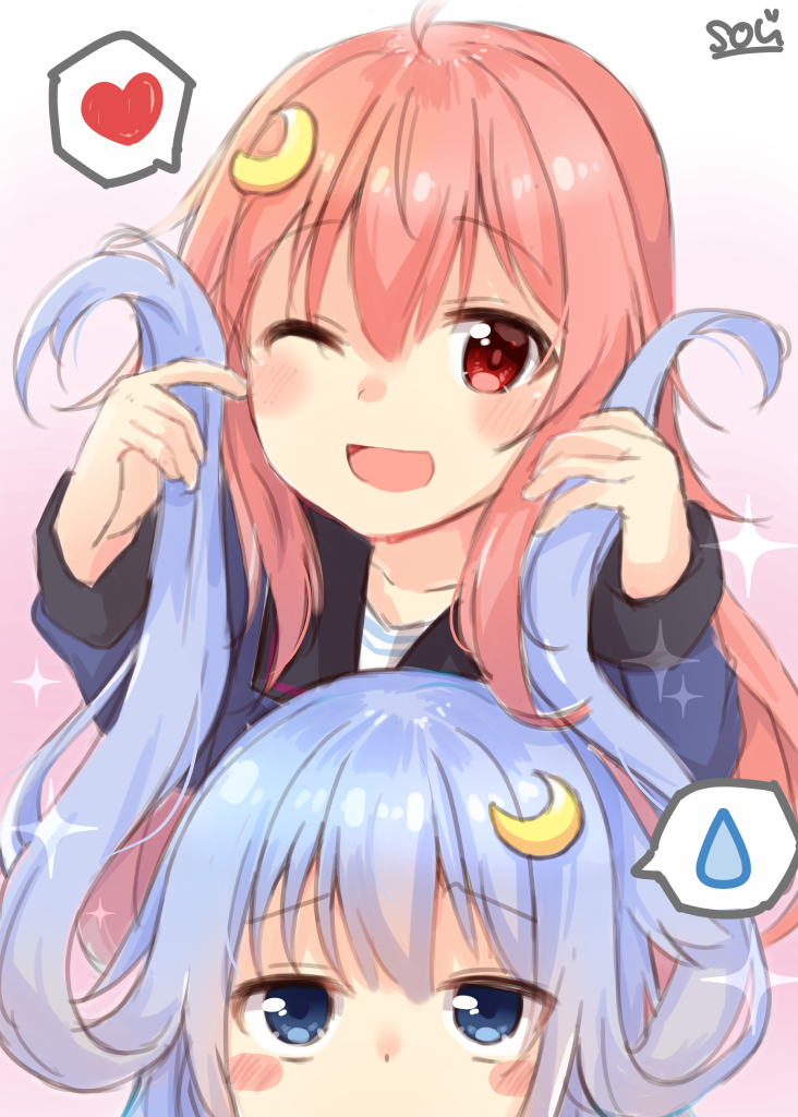 2girls ;d ahoge bangs black_sailor_collar blue_eyes blue_hair blue_shirt blush commentary_request crescent crescent_hair_ornament eyebrows_visible_through_hair gradient gradient_background hair_between_eyes hair_ornament heart holding holding_hair kantai_collection long_hair long_sleeves looking_at_viewer multiple_girls one_eye_closed open_mouth pink_background pink_hair red_eyes sailor_collar school_uniform serafuku shirt signature smile sou_(soutennkouchi) sparkle spoken_heart spoken_sweatdrop sweatdrop uzuki_(kantai_collection) very_long_hair white_background yayoi_(kantai_collection)